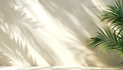 Minimalistic beautiful summer spring background for product presentation, blurred shadow from palm leaves on light cream wall, Summer spring background, Product presentation, Light cream wall.