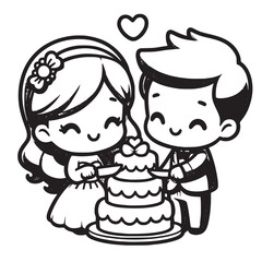 Couple Cartoon Cutting Cake Vector