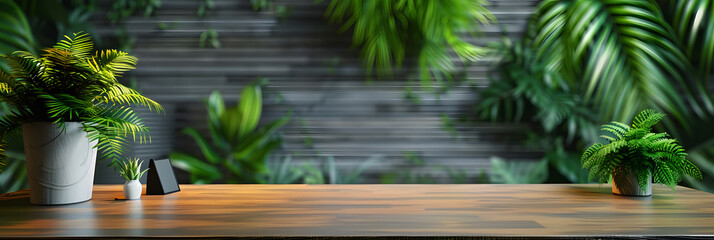 A wooden office desk adorned with artificial green plants creating a backdrop with ample copy space for images