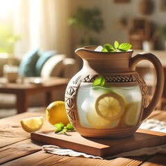Steaming glass teapot with blooming tea and a cup on a sunlit wooden table, teapot of hot herbal tea sits on a wooden table, steam rising from the fresh brew, offering a comforting refreshment against