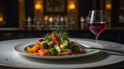Elegant dish of fresh vegetables paired with a glass of red wine, set against a sophisticated restaurant background