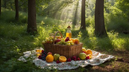 A charming picnic scene with a basket full of fresh fruits and a bottle of juice, set on a floral blanket in a tranquil forest