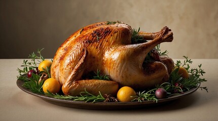 A beautifully roasted turkey garnished with fresh herbs and citrus fruits, presented on an elegant platter
