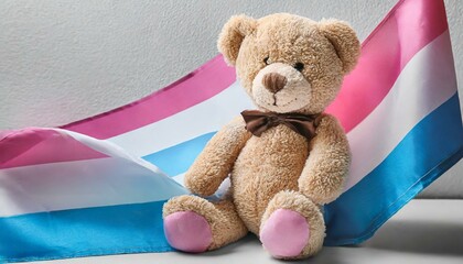 teddy bear on white background with transgender flag