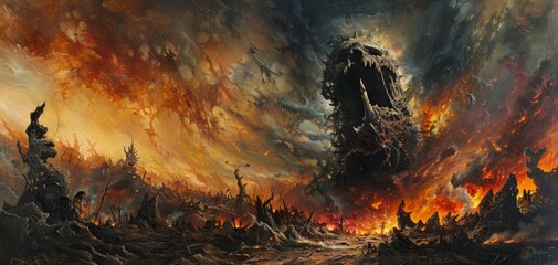Worms-eye view, detailed oil painting, ancient wrathful insect deity, cursed, rising amidst a land in decay, ominous skies, symbols of plague, apocalyptic scenery, vivid colors