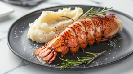 Appetizing Lobster Tail with Mashed Potatoes and Rosemary on a Marble Countertop