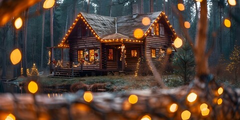 Obraz premium Cozy cabin decked out for Christmas in a tranquil forest setting. Concept Christmas Decor, Cozy Cabin, Tranquil Forest, Festive Lights, Rustic Charm