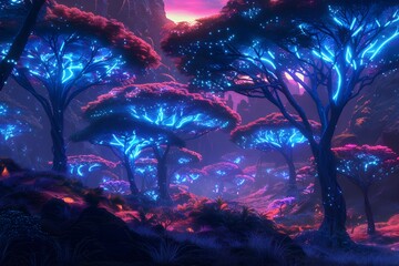 Glowing Bioluminescent Mushrooms in a Fantastical Forest Landscape