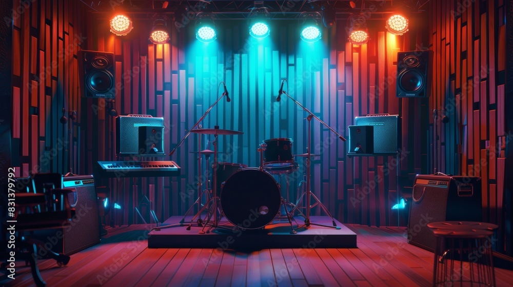 Poster A vibrant room filled with an array of musical equipment and colorful lights, creating an electric atmosphere for musicians and performers. Generative AI