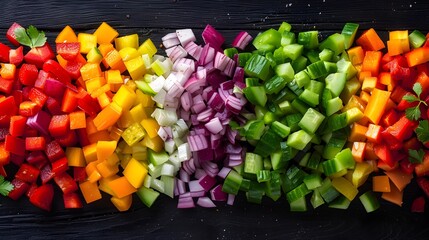 Vibrant Assortment of Fresh Chopped Vegetables on Dark Wooden Surface