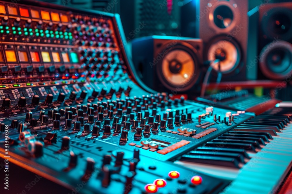 Poster A detailed view of a sound mixing console loaded with numerous knobs and controls, ready to create the perfect audio mix. Generative AI