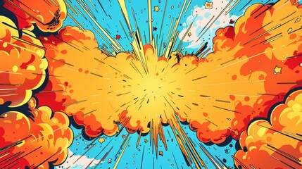 Worms-eye view, superhero birthday invitation, comic book explosion background, vibrant colors, ample blank space for event details, digital 3D render, dynamic composition