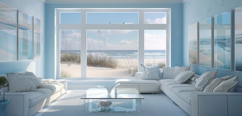 serene living room with soft ocean blue walls and a large window overlooking a sandy beach