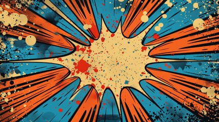 Worms-eye view, superhero birthday invitation, comic book explosion background, vibrant colors, ample blank space for event details, digital 3D render, dynamic composition