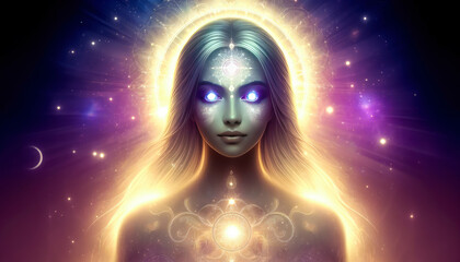 Mystical Ethereal Being With Glowing Eyes And Third Eye Concept Surrounded By Cosmic Light Halo - AI Generated
