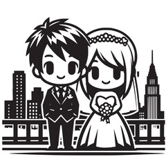 Couple Cartoon Wedding City Vector