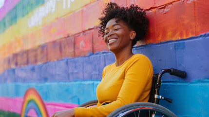 Happy african American businesswoman in wheelchair smiling against rainbow pride mural. Black history month. Successful ambitious black woman with disability. Inclusion & diversity 