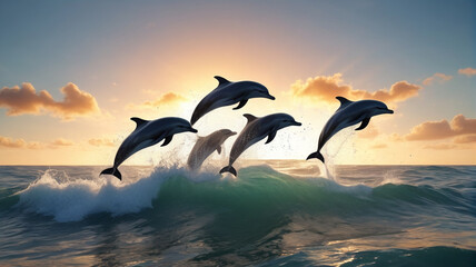 A pod of dolphins leaps joyfully through the waves, their sleek forms slicing through the ocean spray as they dance beneath the endless sky, Generative AI