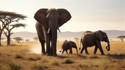 A family of elephants traverses the African savanna, their graceful movements and gentle trumpets echoing across the vast expanse of the plains, Generative AI