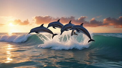 A pod of dolphins leaps joyfully through the waves, their sleek forms slicing through the ocean spray as they dance beneath the endless sky, Generative AI