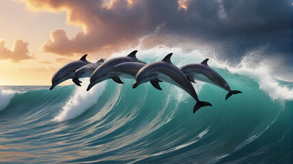 Fototapeta premium A pod of dolphins leaps joyfully through the waves, their sleek forms slicing through the ocean spray as they dance beneath the endless sky, Generative AI