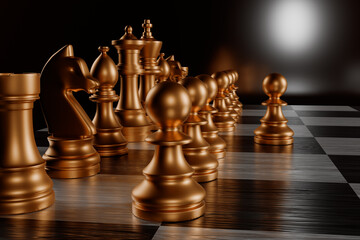 Bronze chess pieces on a chessboard in a dark setting.3d rendering.