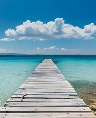 Wooden Pier on Turquoise Sea under Blue Sky in Formentera, Spain