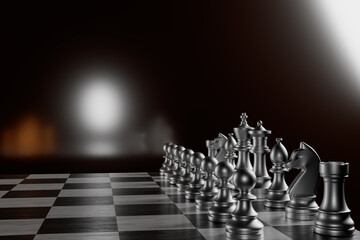 Chess pieces on a chessboard with a blurred background.3d rendering