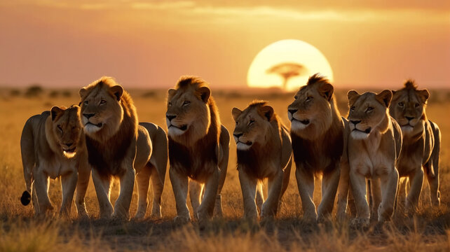 A pride of lions basks in the golden light of the African sunset, their powerful roars and graceful movements a testament to the strength and beauty of the savanna, Generative AI