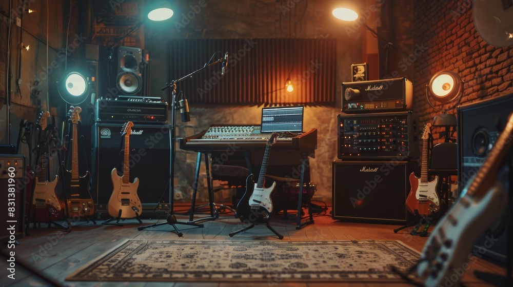 Poster a vibrant room filled with an array of musical equipment and colorful lights, creating a mesmerizing