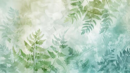 Soft watercolor background with green and blue hues and fern leaves. Ideal for wellness, nature, and eco-friendly themes