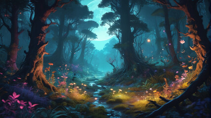 Mystical illustration of a moonlit glade deep within an ancient forest, where mystical creatures frolic amidst glowing flora and fauna, Generative AI