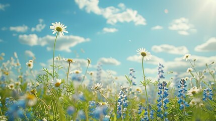 Serene and Artistic Natural Scene: Beautiful Pastoral Landscape with Chamomile and Blue Wild Peas in Morning Haze Against a Blue Sky with Clouds. 