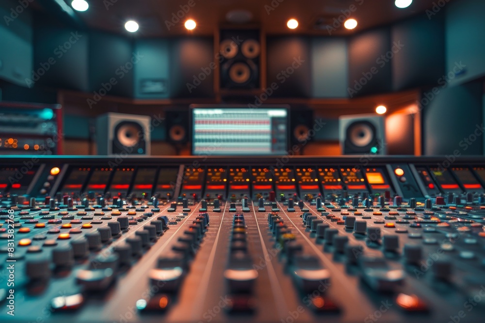 Poster a captivating scene in a recording studio, showcasing a sound board illuminated by vibrant lights. g