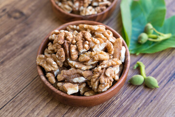 Raw Walnuts in a wooden bowl	