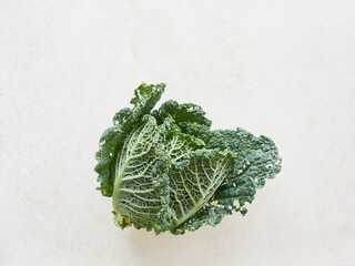 Fresh green cabbage with holed green leaves, cruciferous plant, seen from above on light granite countertop.