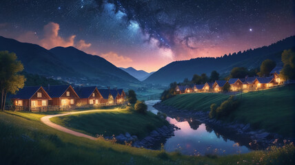 Fototapeta premium Dreamy illustration of a starlit night over a peaceful village nestled in a valley, where cozy cottages emit a warm glow and the Milky Way cascades across the sky, Generative AI