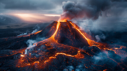 Paysage désertique et volcanique avec un volcan en éruption, terre noire fumante avec lave en fusion pour un effet post-apocalyptique