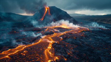 Paysage désertique et volcanique avec un volcan en éruption, terre noire fumante avec lave en fusion pour un effet post-apocalyptique