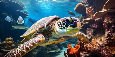 Fototapeta premium Colorful fish turtles and coral in a vibrant underwater ocean ecosystem. Concept Underwater Photography, Marine Life, Colorful Coral, Sea Creatures, Vibrant Ecosystem