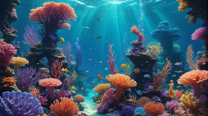 Playful artwork portraying a whimsical underwater kingdom teeming with colorful coral reefs, where mermaids dance and seahorses prance in a vibrant aquatic ballet, Generative AI