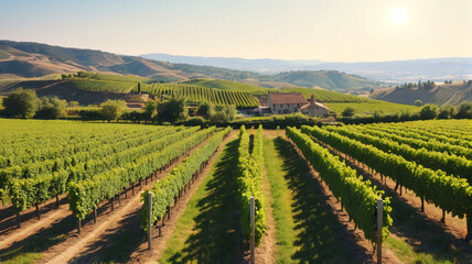Fototapeta premium Idyllic illustration of a sun-drenched vineyard nestled in rolling hills, where grapevines stretch as far as the eye can see and the air is filled with the aroma of ripening fruit, Generative AI