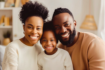 Happy family portrait with smiling parents and child, enjoying time together at home. Cozy and casual atmosphere in a warm living room setting.