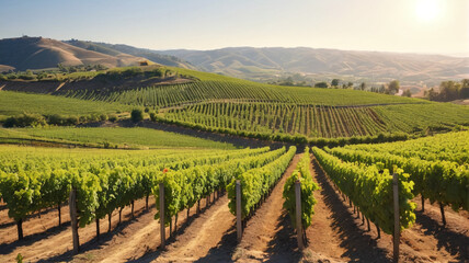 Fototapeta premium Idyllic illustration of a sun-drenched vineyard nestled in rolling hills, where grapevines stretch as far as the eye can see and the air is filled with the aroma of ripening fruit, Generative AI
