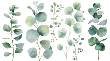 Watercolor leaves branch set. Hand painted eucalyptus elements isolated on transparent background. Artistic clip art