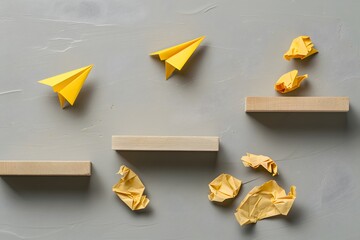 Minimalistic Concept of Yellow Paper Airplanes on Wooden Steps