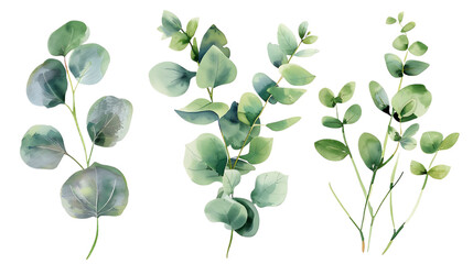Obraz premium Watercolor leaves branch set. Hand painted eucalyptus elements isolated on transparent background. Artistic clip art