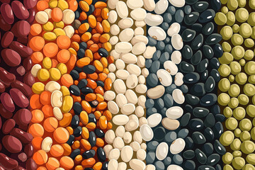 Flat art featuring various types of beans. The scene is depicted in a simple and clean style, with each type of bean drawn with clear lines and minimalistic details