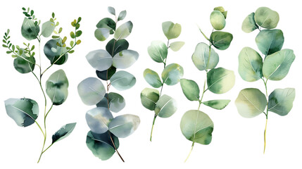 Watercolor leaves branch set. Hand painted eucalyptus elements isolated on transparent background. Artistic clip art