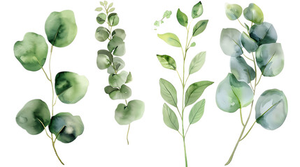 Obraz premium Watercolor leaves branch set. Hand painted eucalyptus elements isolated on transparent background. Artistic clip art